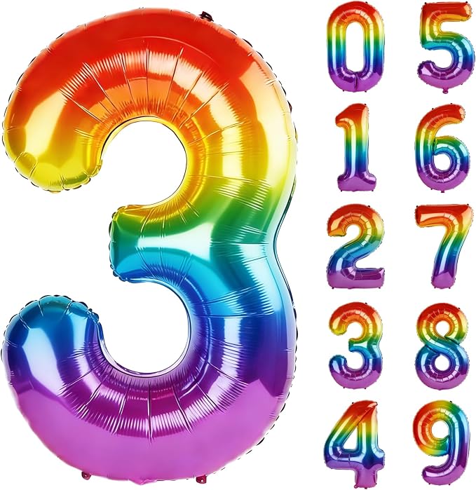 40 Inch Number 3 Balloons for 3rd Birthday Party Decorations, 0-100 Rainbow by FOBELEC