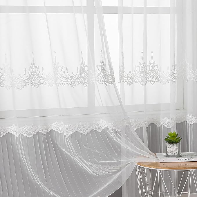 White Sheer Voile Curtains White Embossed European 54Wx96L Inch | Light - Image 5