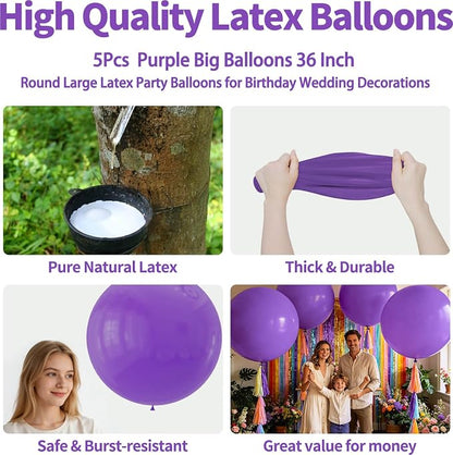 5Pcs Purple Big Balloons 36 Inch, Round Large Latex Party Balloons - Image 2