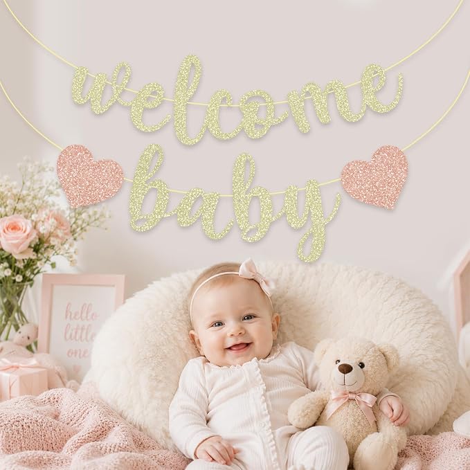 Pre-Strung Welcome Baby Banner | Champagne Gold Glitter Baby Shower Decorations - Image 5