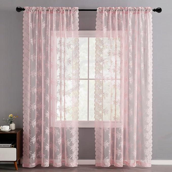 Kotile Pink Sheer Curtains for Girls Bedroom Rustic Floral 52x84 Inch 2 Pcs | - Image 2