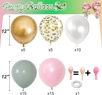 Pink and Green Balloons, 12 Inch Sage Green Pearl Pink and White Gold Confetti - Image 2