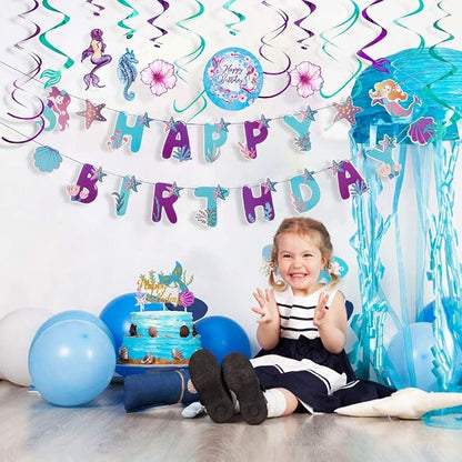 SUNBEAUTY Mermaid Happy Birthday Banner Little Mermaid Theme Birthday - Image 8