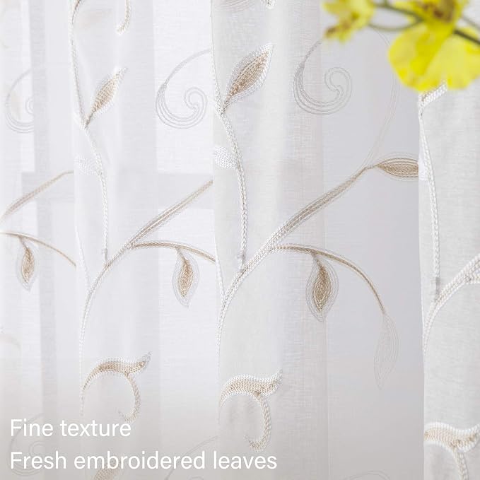 White Sheer Curtains Beige Embroidered Leaves 2 Panels 54Wx63L | Light - Image 3
