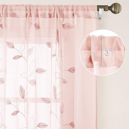 HOMEIDEAS Blush Pink Sheer Curtains 2 Panels Set, Embroidered Leaf, W52xL63 | - Image 5