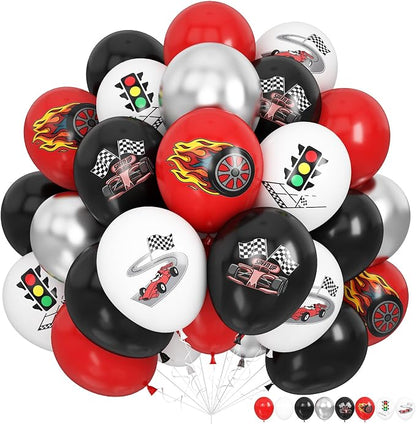 Race Car Balloons, 12 Inch Racing Car Latex Balloon | Red Black White Print by KEPMOV