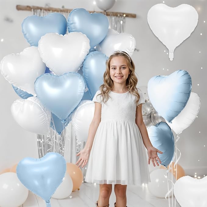 Baby Blue Heart Balloons, 18 Inch Cream Sand White Foil Balloons - Image 5