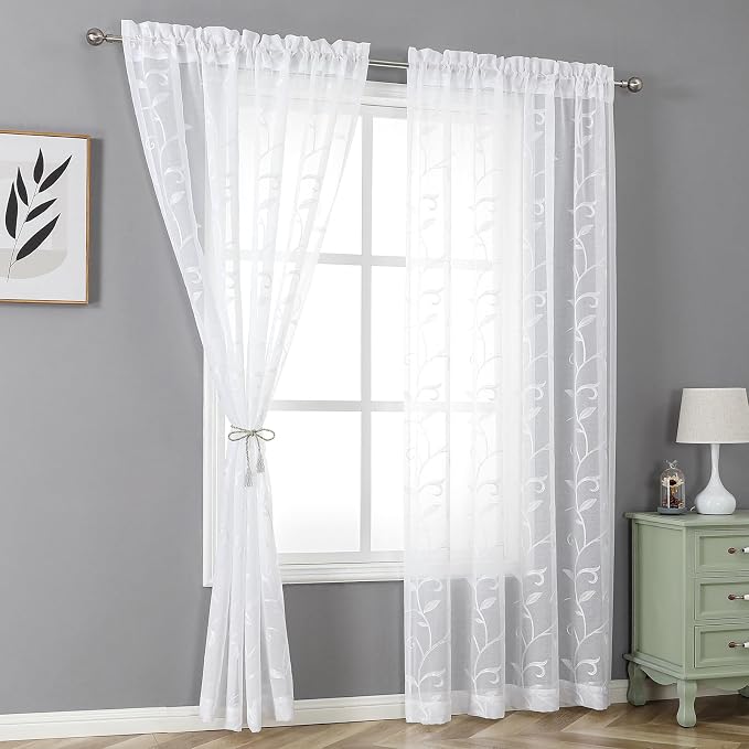 White Sheer Curtains Embroidered Leaves 2 Panels 54Wx108L | Light Filtering - Image 2