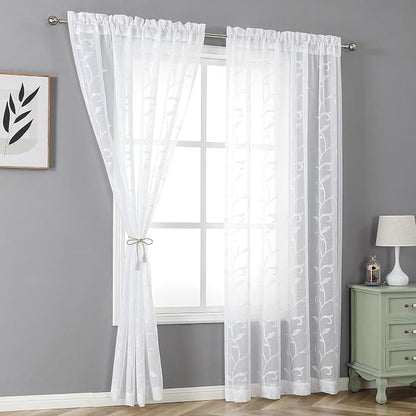 White Sheer Curtains Embroidered Leaves 2 Panels 54Wx108L | Light Filtering - Image 2