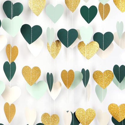 Sage-Green Mint Beige-Gold Love-Heart Garland - 52Ft Rustic Wedding Hanging by Panduola