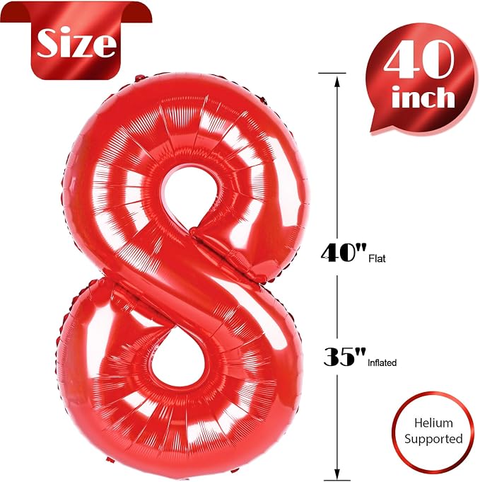 Red 8 Balloon - Number Balloon 40 Inch, 8th Red Birthday Decorations | Large - Image 5