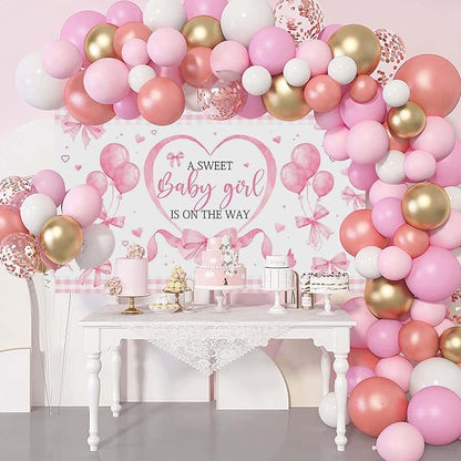 Mocsicka Pink Bow Baby Shower Banner Backdrop - Image 4