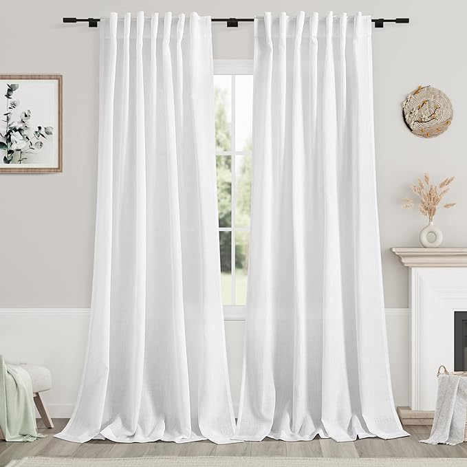 Solid White Curtains 96 Inches Long 2 Panels Back Tab Sheer Linen Curtain by Nanspring