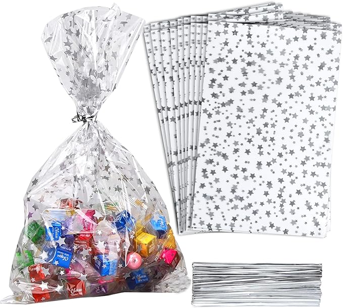 100 Pcs Star Printed 5"X 11" Gift Wrap Cello Cellophane Treat Bags Plastic Poly by COQOFA