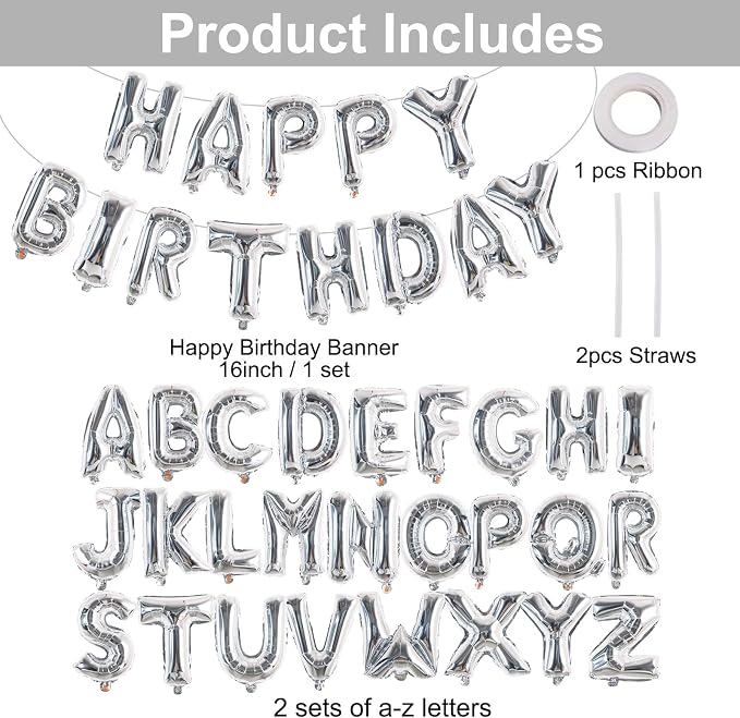TONIFUL 65 Pcs 16 Inch Silver Happy Birthday Balloons and 2 Sets A-Z Foil - Image 2