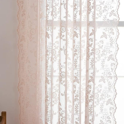 FINECITY Blush Sheer Lace Curtains Rustic Leaf Floral 52 x 96 Inch 2 Panels | - Image 6