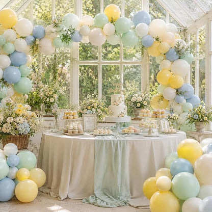 Pastel Green Blue Yellow Balloon Arch Kit, Ivory White Balloons - Image 5