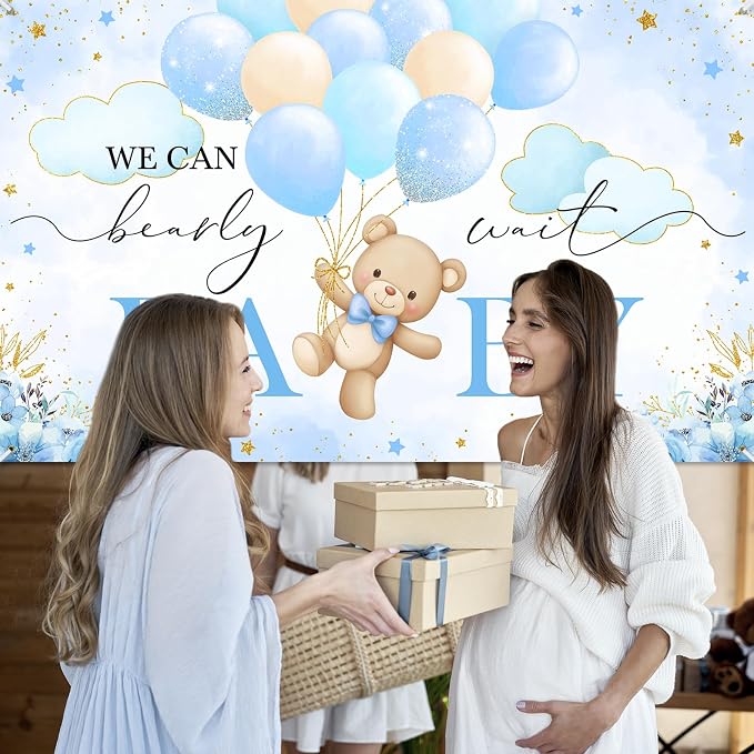 Mocsicka We Can Bearly Wait Backdrop Banner 6x3.6ft | Blue Balloons, Bear Baby - Image 6