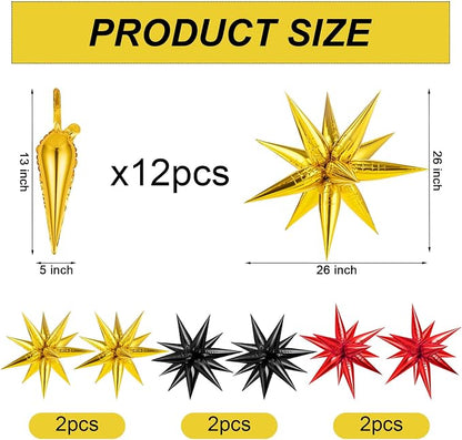 Red Black and Gold Star Balloons, 12 Point Spike Foil Cone Balloon - Image 3