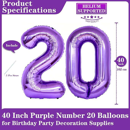 Purple 20 Number Balloons, 40 Inch Giant Number 20 Balloons Foil Mylar Helium - Image 2