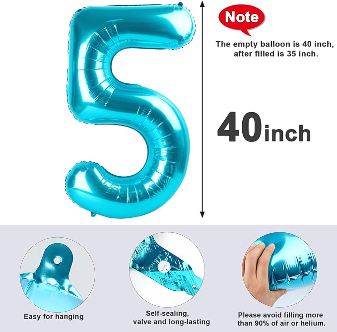 5 Balloon Numbers Birthday Decorations, 40In Light Blue Balloons - Image 6