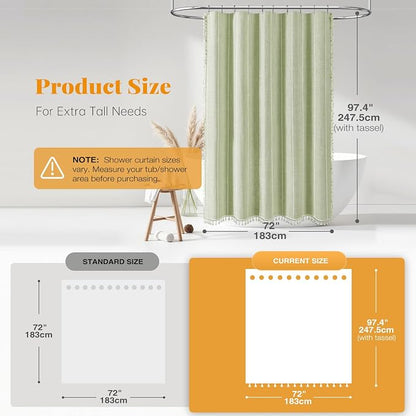 72x96 Extra Long Boho Linen Heavy Duty Shower Curtain Set, Sage Green | Extra - Image 3