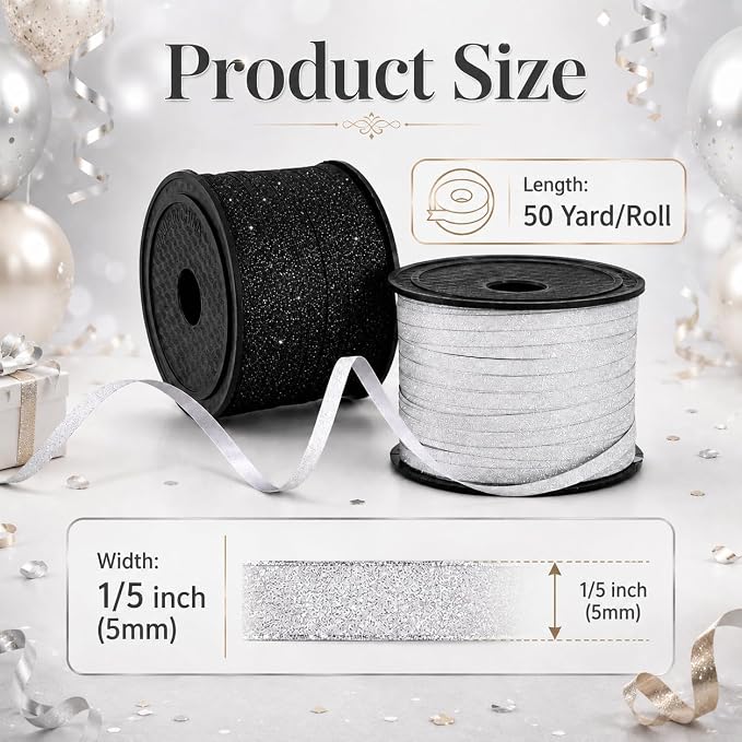 BEISHIDA 2 Rolls White and Black Glitter Ribbon Curling Crimped, Glitter Ribbon - Image 2
