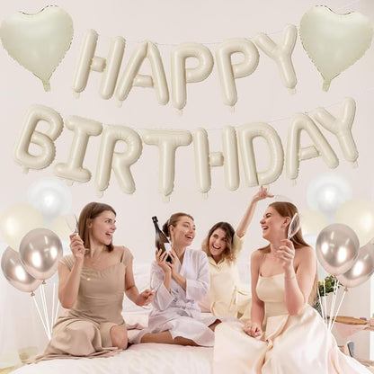 Happy Birthday Balloon Banner Cream, 16 Inch Beige Mylar Letters Heart Foil - Image 6