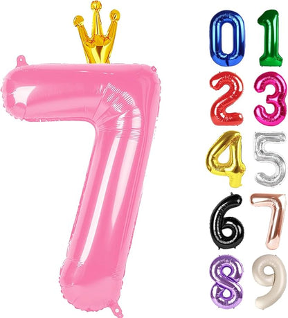 7 Balloon - Pink with Crown Birthday Number Balloons, 40 Inch Decorations | by ALPHADELTAPI