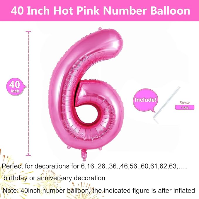 Pink Number Balloons, Large Hot pink Number 6 Balloon 40 Inch Pink 6 Balloon - Image 2