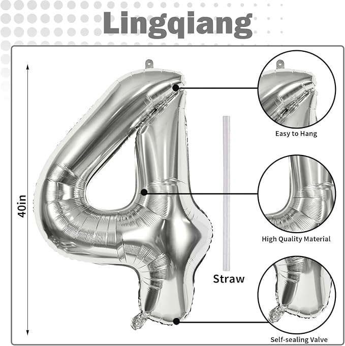 Silver Number Balloons, 40inch Large Number 4 Foil Helium Balloons - Image 2