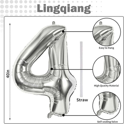 Silver Number Balloons, 40inch Large Number 4 Foil Helium Balloons - Image 2