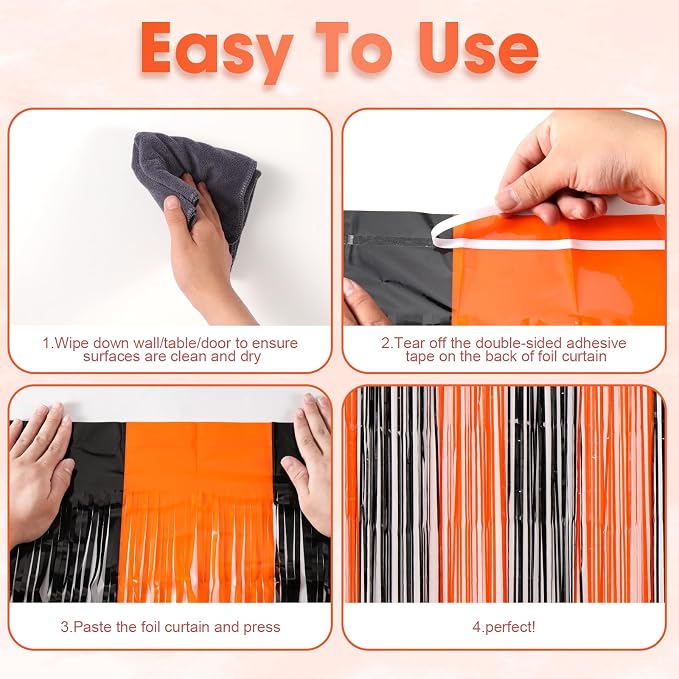 Voircoloria Black Orange Foil Fringe Backdrop Curtains, 3 Pack | Tinsel - Image 4