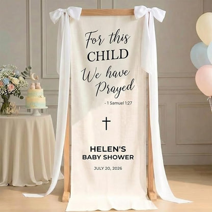 Personalized Christian Baby Shower Fabric Sign Hello Baby Linen Backdrop | by Unknown