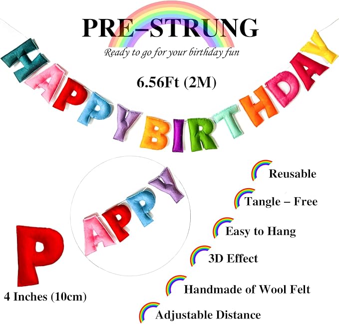 Pre-Strung Reusable 3D Happy Birthday Banner, Rainbow Birthday Decorations | - Image 2