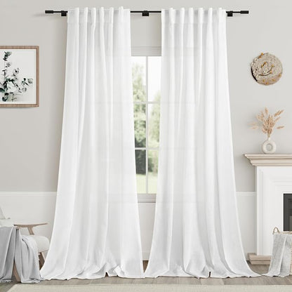 White Linen Curtains Back Tab Sheer Curtains 90 Inches Long by Nanspring