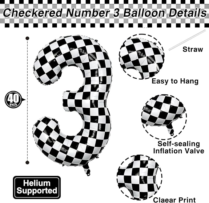 40 Inch Checkered Number 3 Balloon, Big Mylar Black and White Foil Balloons - Image 4