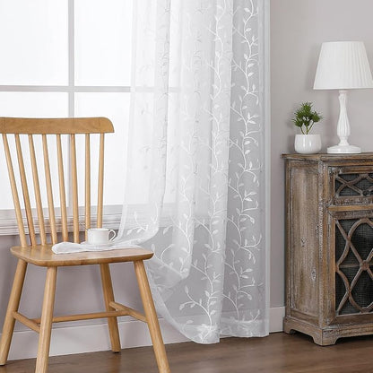 White Sheer Curtains Leaf Embroidery Linen 96 Inches Long | Light Filtering - Image 6