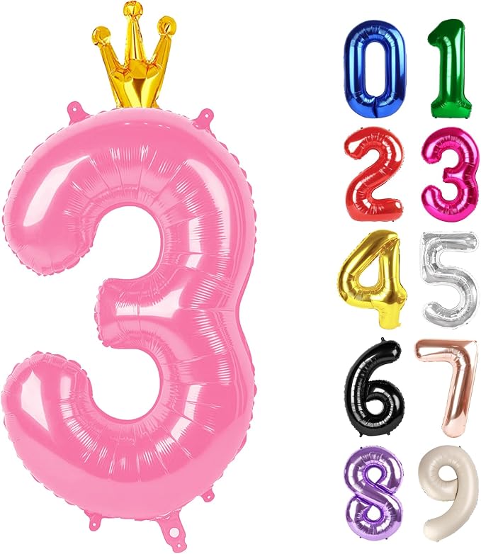 3 Balloon - Pink with Crown Birthday Number Balloons, 40 Inch Decorations | by ALPHADELTAPI