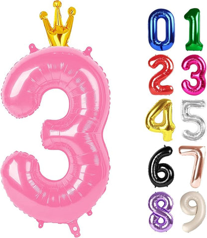 3 Balloon - Pink with Crown Birthday Number Balloons, 40 Inch Decorations | by ALPHADELTAPI