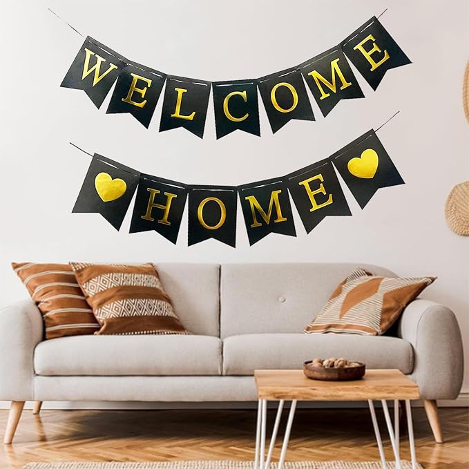 Welcome Home Banner Decorations Glitter Black Bunting Backdrop - Image 2