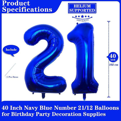 Navy Blue 21 Number Balloons, 40 Inch Giant Number 21 Balloons Foil Mylar - Image 2