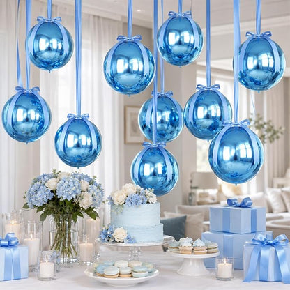 Blue Round Foil Balloons with Satin Bows and Ribbon - Image 5
