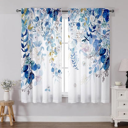 Blue Eucalyptus Curtains 63 Inch Length 2 Panels, Leaves Plant Drapes by GOLDLAWN