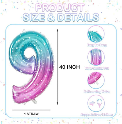 Number 9 Foil Balloon with Crown, 40-Inch Gradient | Gradient star print number - Image 2