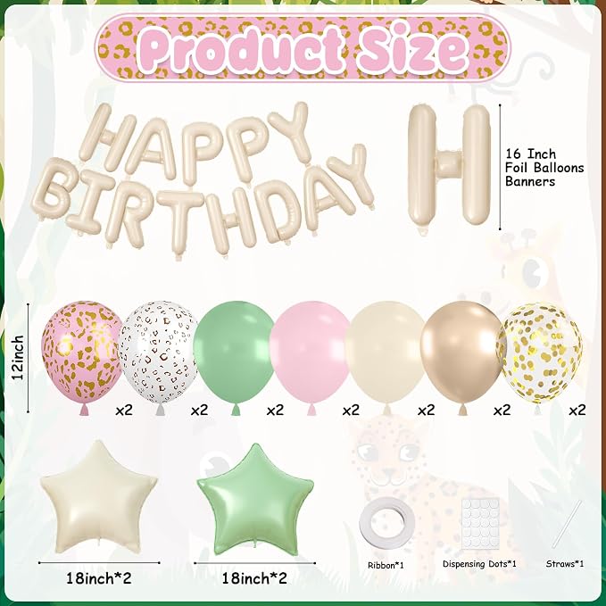 29PC Cream Pink Leopard Happy Birthday Balloon Banner, 16Inch 3D Aluminum - Image 2