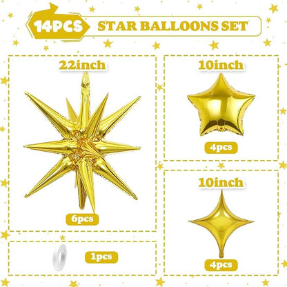 14pcs Gold Star Balloons, Mixed Star Foil Balloon, 22Inch Explosion Stars - Image 2