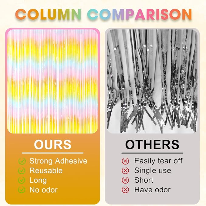 Voircoloria Pastel Foil Fringe Backdrop Curtains, 3 Pack | Tinsel Streamers - Image 5