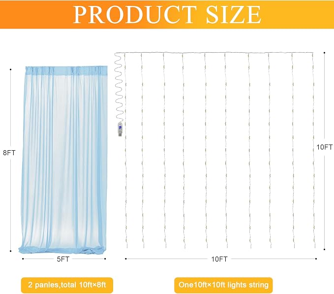 Tulle Backdrop Curtain with Lights Baby Blue 10x8ft Sheer Curtain Backdrop | - Image 2