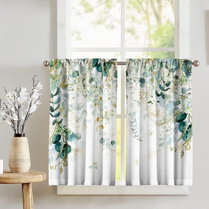 Green Eucalyptus Leaves Kitchen Curtains Elegant Wild Flower Curtains 39 Inches - Image 3